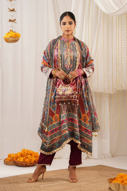 Riwayat - Dove Grey Multicolor Printed Velvet Suit Set with Potli and Dupatta