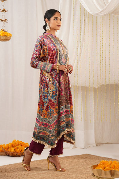 Riwayat - Dove Grey Multicolor Printed Velvet Suit Set with Potli and Dupatta