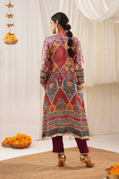 Riwayat - Dove Grey Multicolor Printed Velvet Suit Set with Potli and Dupatta