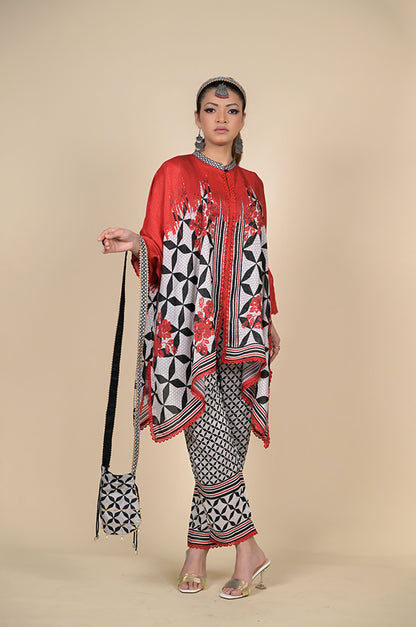 Beautiful Complex Printed Red & Black Kaftan, Cotton Muslin - Summer Collection #ISH-24-02