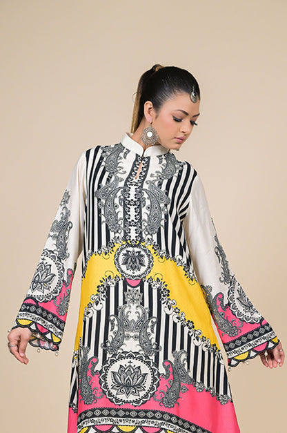 Yellow Printed Kaftan , Cotton Muslin - Summer Collection #ISH-28-02