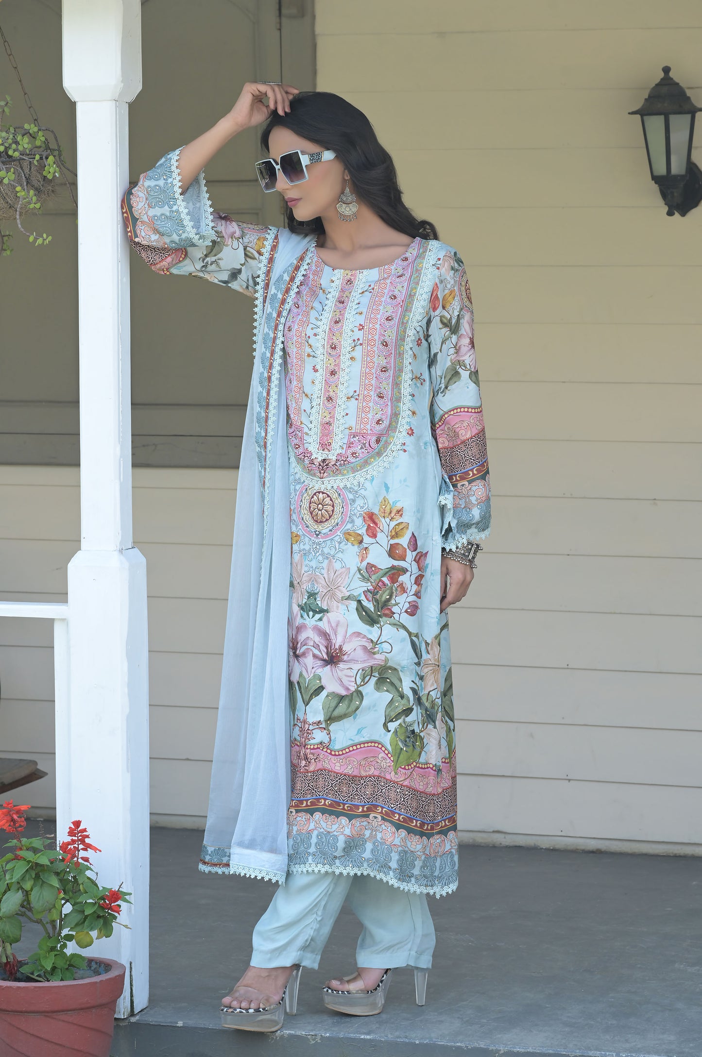 Multi Color Floral Print Suit Set, Cotton Muslin - Summer Collection #ISH-011-02