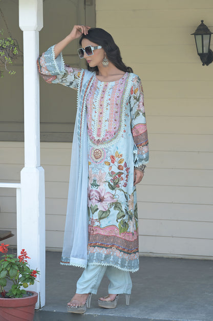 Multi Color Floral Print Suit Set, Cotton Muslin - Summer Collection #ISH-011-02