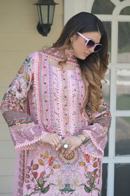 Pink Floral Embroidered Suit Set - Traditional Wear for Every Occasion, Cotton Muslin #ISH-011-03