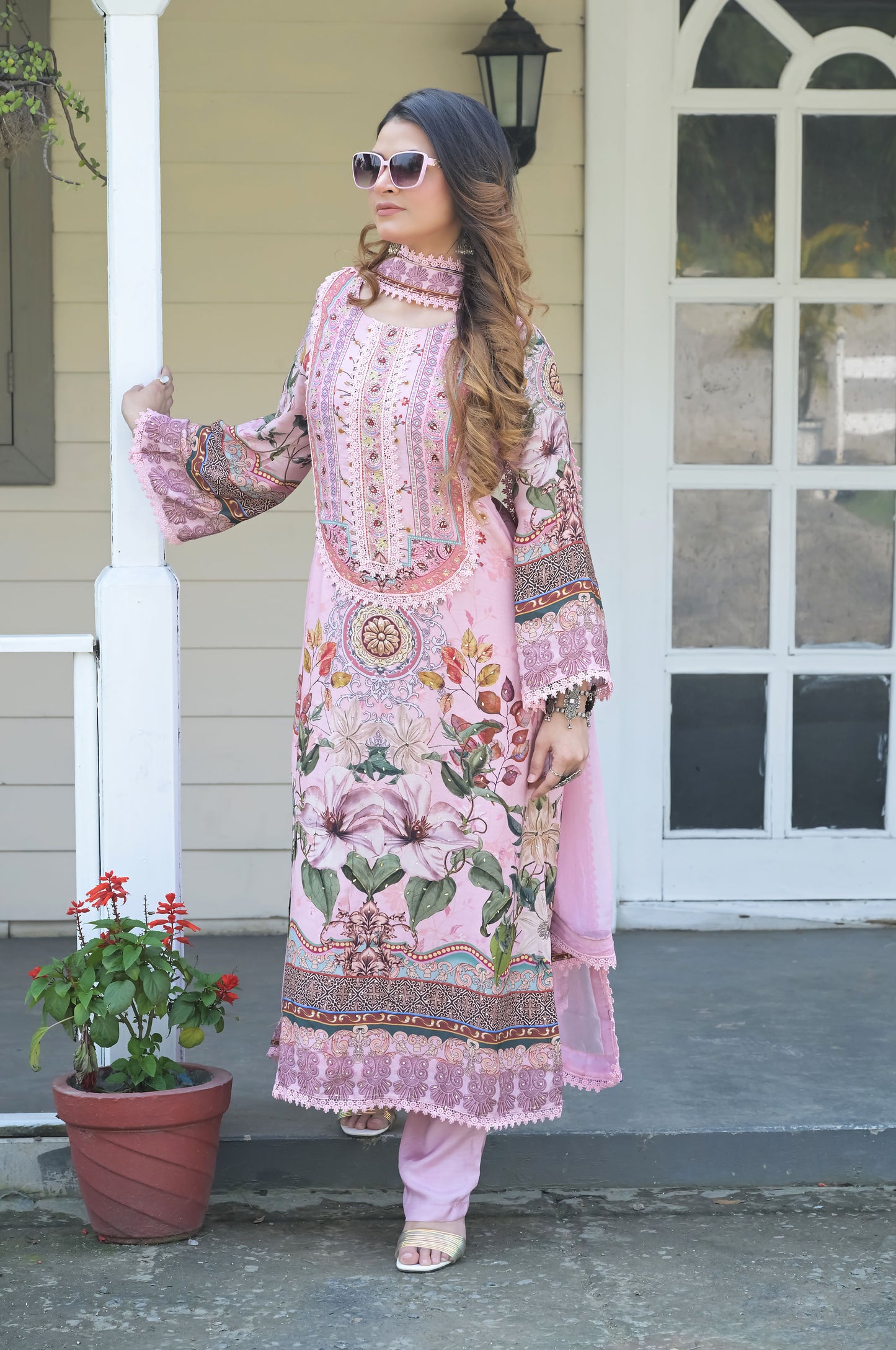 Pink Floral Embroidered Suit Set - Traditional Wear for Every Occasion, Cotton Muslin #ISH-011-03