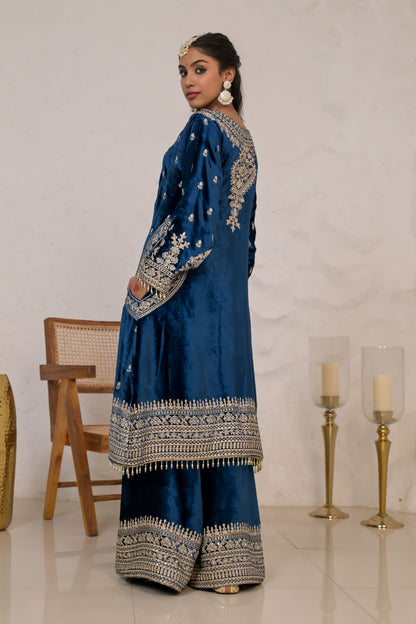 Deep Blue Velvet Suit set with Embroidered Borders – Noor Evening Glow