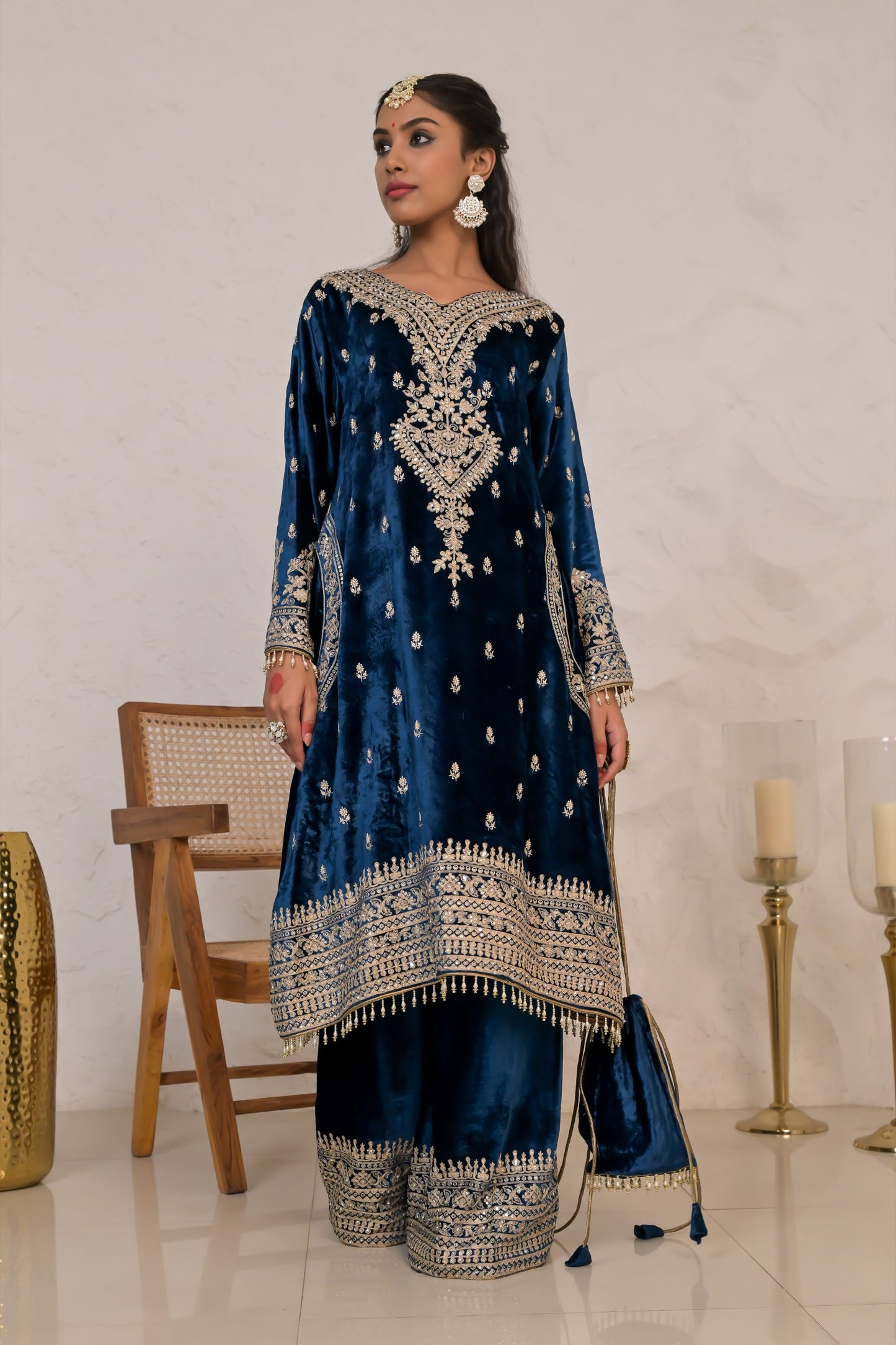 Deep Blue Velvet Suit set with Embroidered Borders – Noor Evening Glow