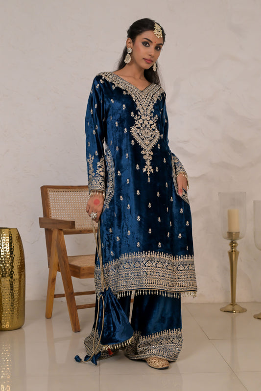 Deep Blue Velvet Suit set with Embroidered Borders – Noor Evening Glow