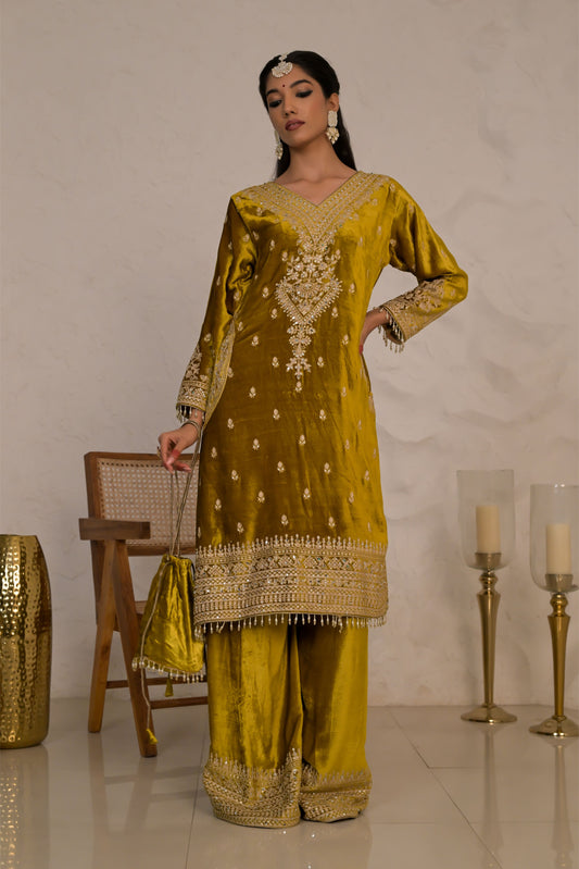 Mustard Brown Velvet Suit set – Noor Evening Glow