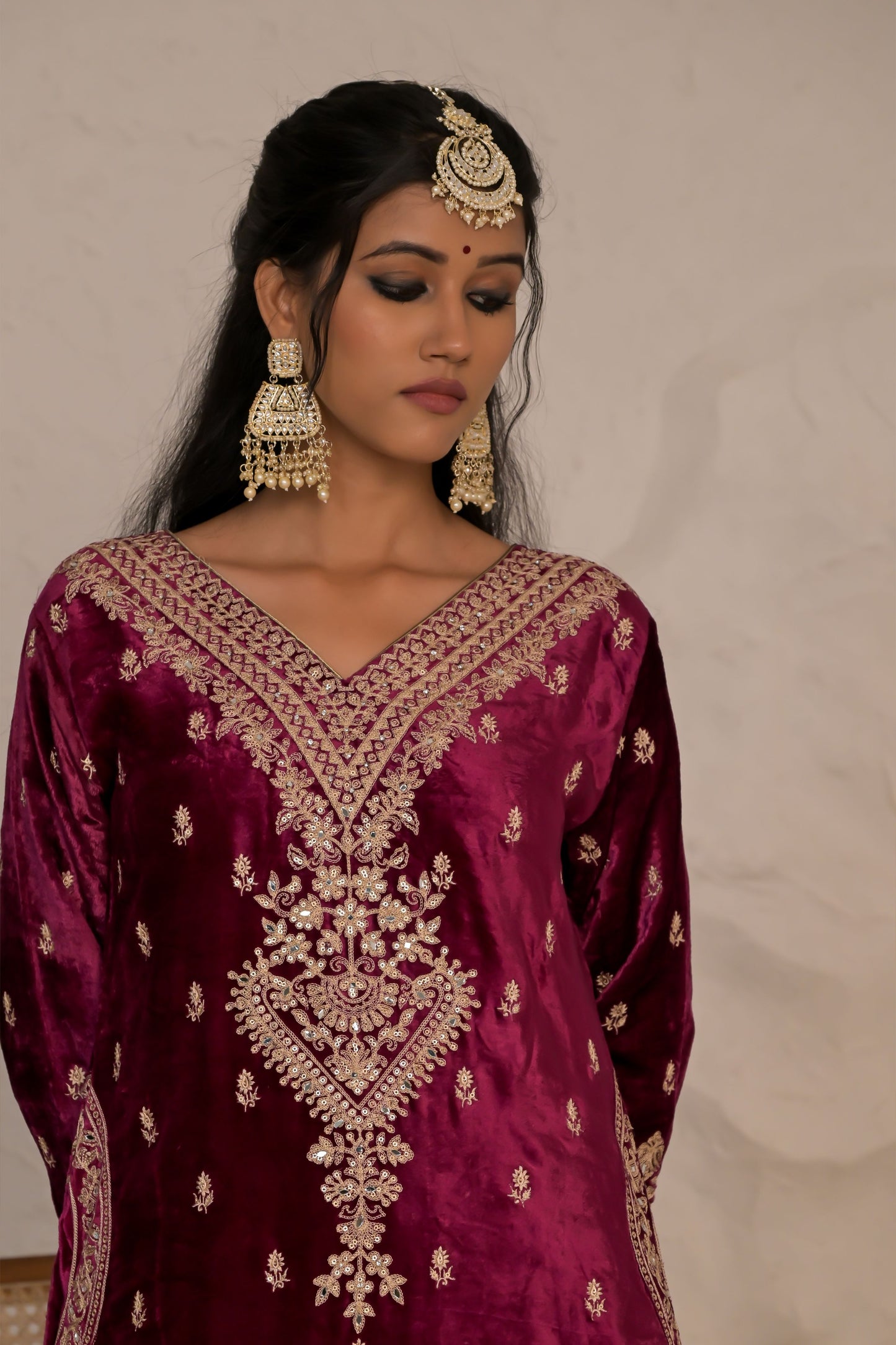 Crimson Maroon Velvet Suit set with Embroidered Borders – Noor Evening Glow