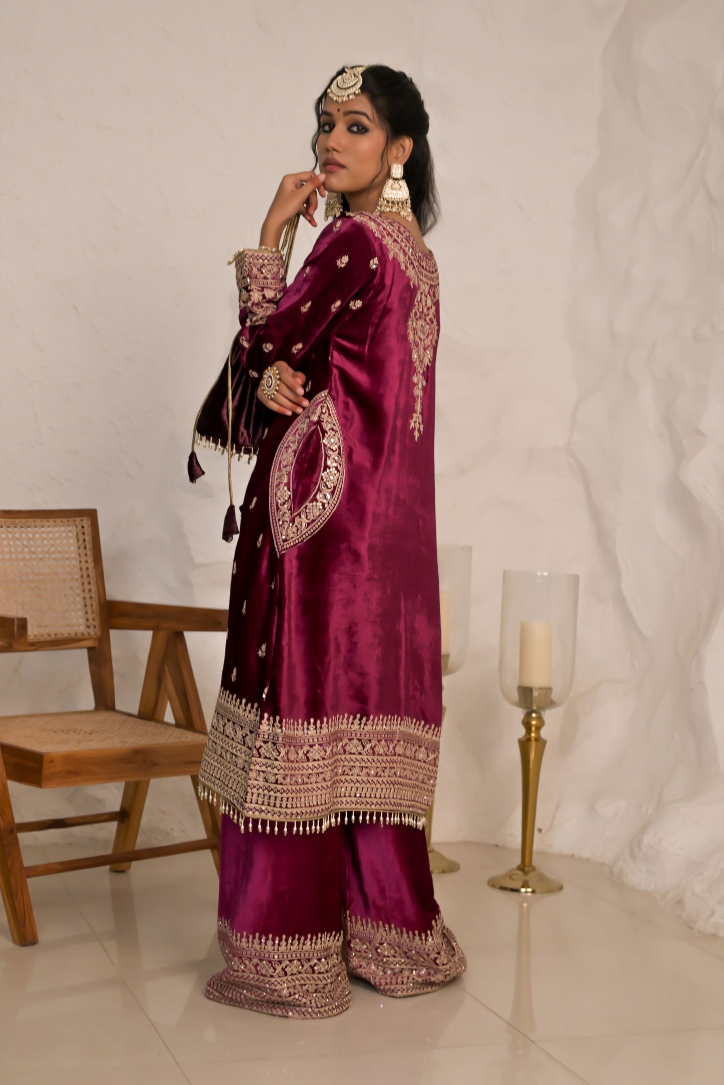 Crimson Maroon Velvet Suit set with Embroidered Borders – Noor Evening Glow