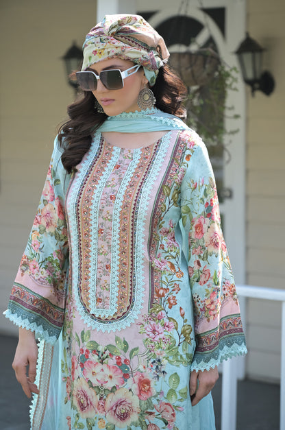 Serene Teal Floral Embroidered Dress, Cotton Muslin - Summer Collection #ISH-012-01