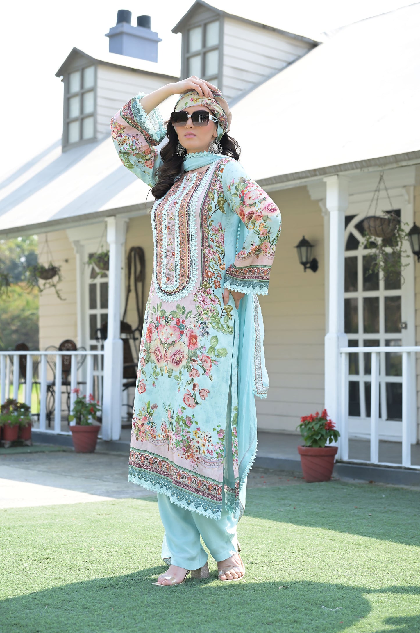 Serene Teal Floral Embroidered Dress, Cotton Muslin - Summer Collection #ISH-012-01