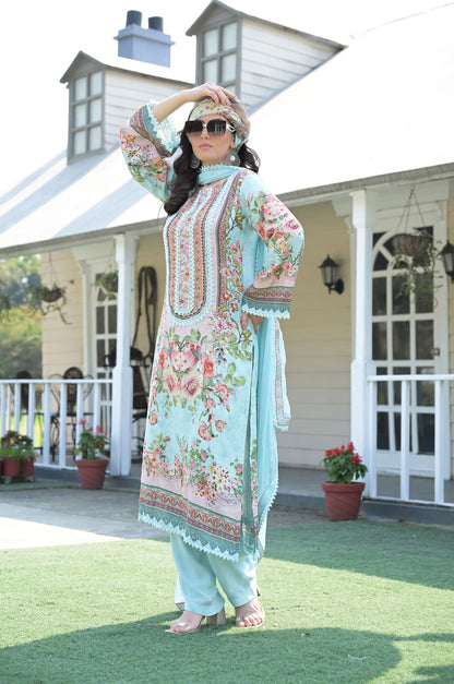 Serene Teal Floral Embroidered Dress, Cotton Muslin - Summer Collection #ISH-012-01