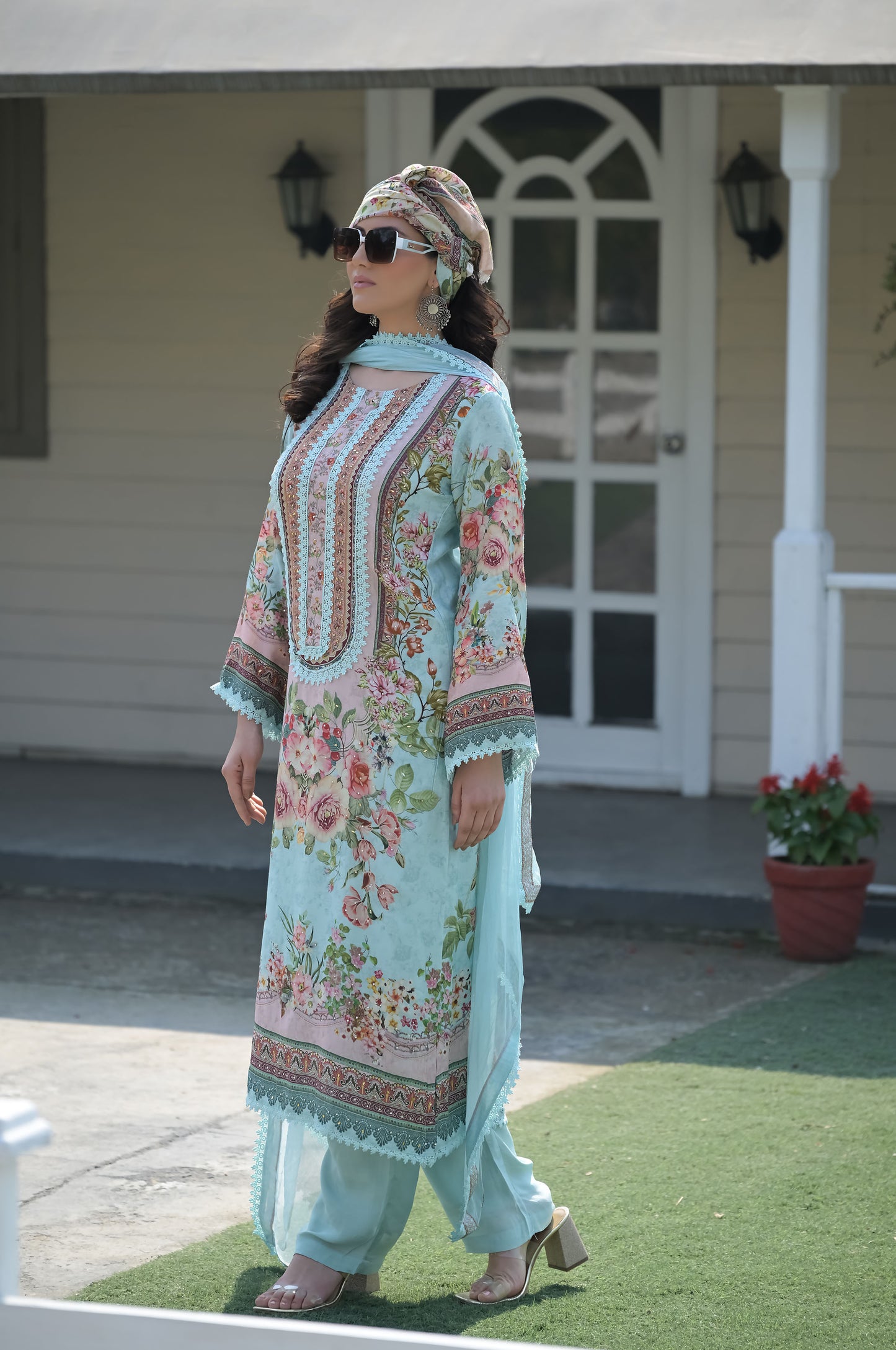 Serene Teal Floral Embroidered Dress, Cotton Muslin - Summer Collection #ISH-012-01