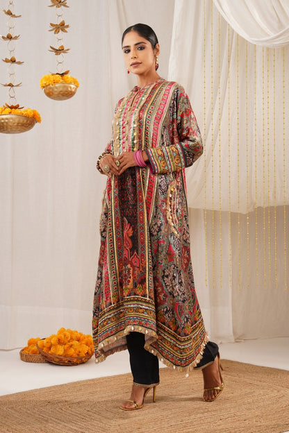 Riwayat - Persian Red Multicolor Printed Velvet Suit Set with Potli and Dupatta