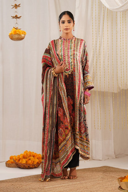 Riwayat - Persian Red Multicolor Printed Velvet Suit Set with Potli and Dupatta