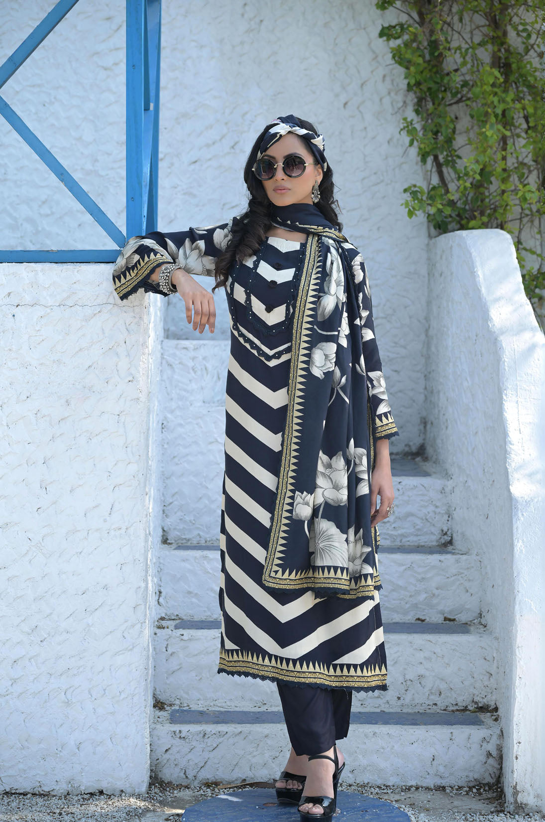 Chevron Ocean Wave Print Suit Set with Floral Dupatta , Cotton Muslin - Summer Collection  #ISH-09-03