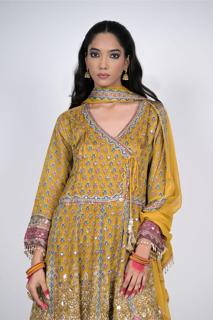 Royal Grandeur in Mustard: Rajwada Rivaaz Angrakha Short Anarkali Suit