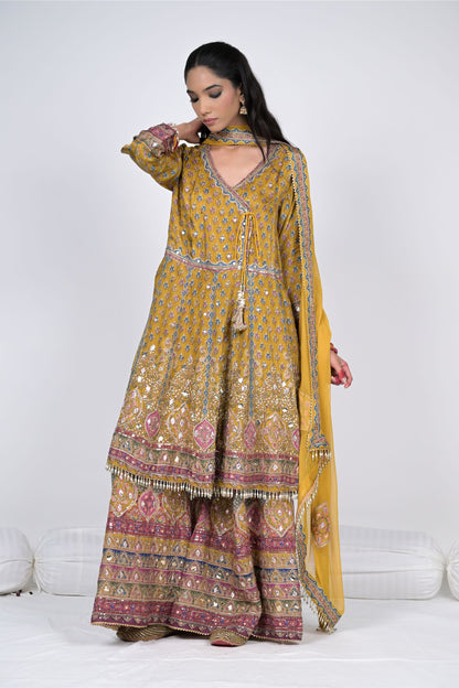 Royal Grandeur in Mustard: Rajwada Rivaaz Angrakha Short Anarkali Suit