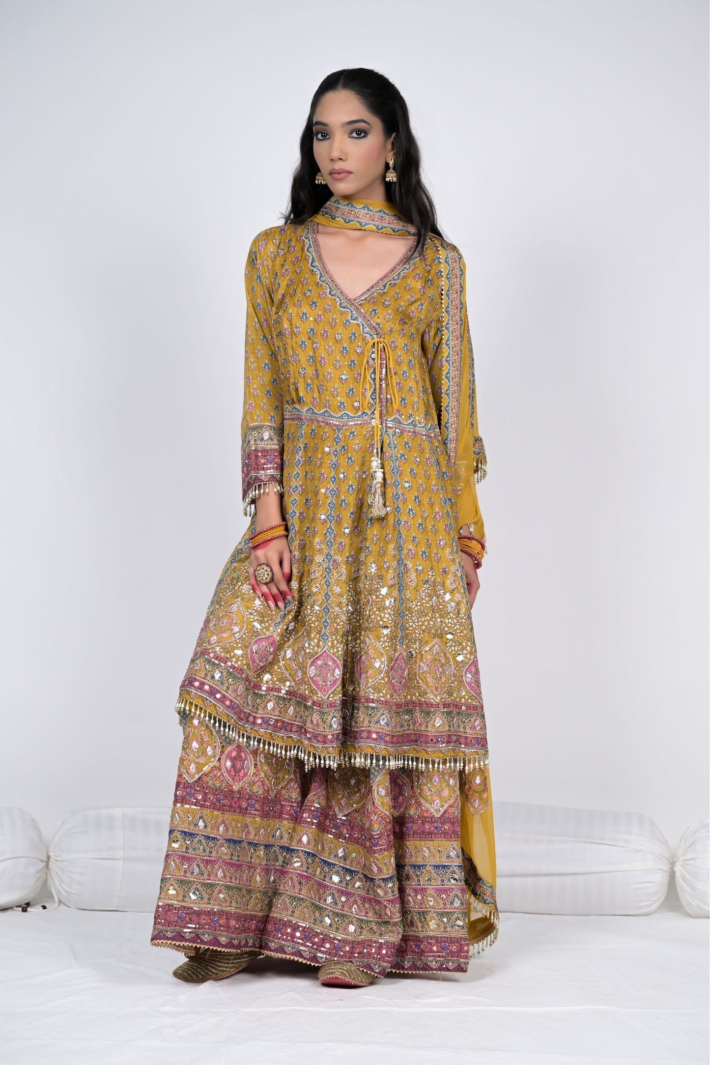 Royal Grandeur in Mustard: Rajwada Rivaaz Angrakha Short Anarkali Suit