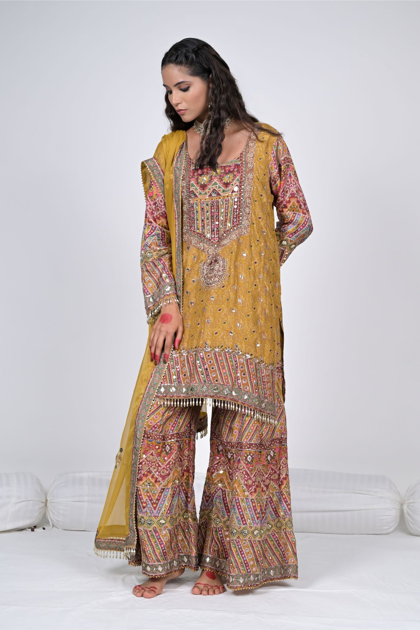 Regal Charm: Rajwada Riwaaz Mustard Sharara Suit