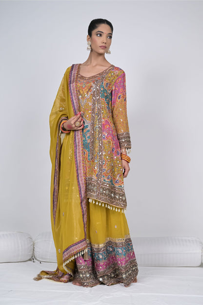 Traditional Rajwada Riwaaz Mustard Sharara Suit