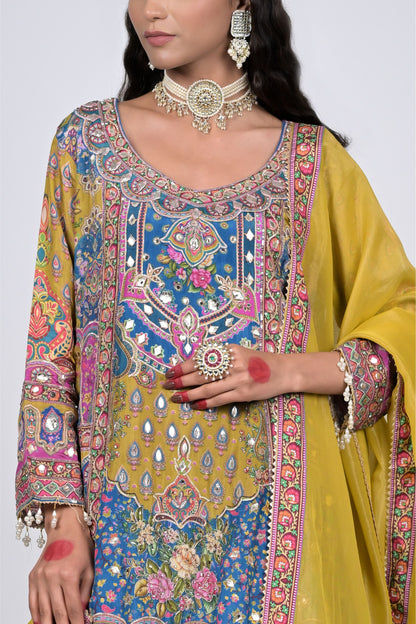 Regal Charm: Rajwada Riwaaz Mustard Viscose Crepe Sharara Suit