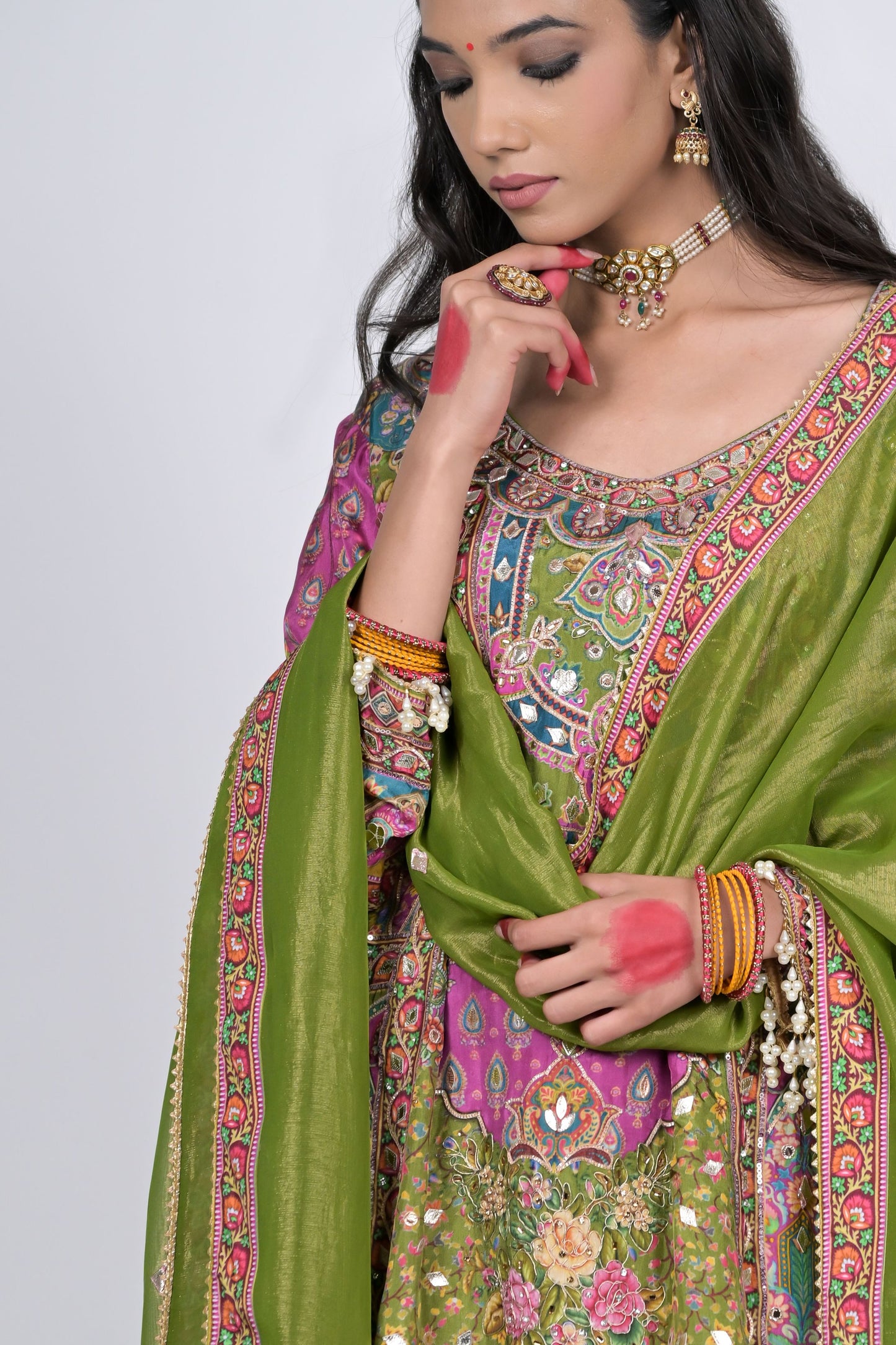 Regal Charm: Rajwada Riwaaz Olive Green Viscose Crepe Sharara Suit