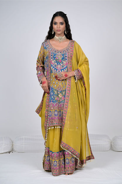 Regal Charm: Rajwada Riwaaz Mustard Viscose Crepe Sharara Suit