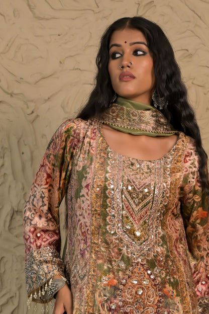 Champagne Olive Green Printed Velvet Suit – Noor Timeless Grace