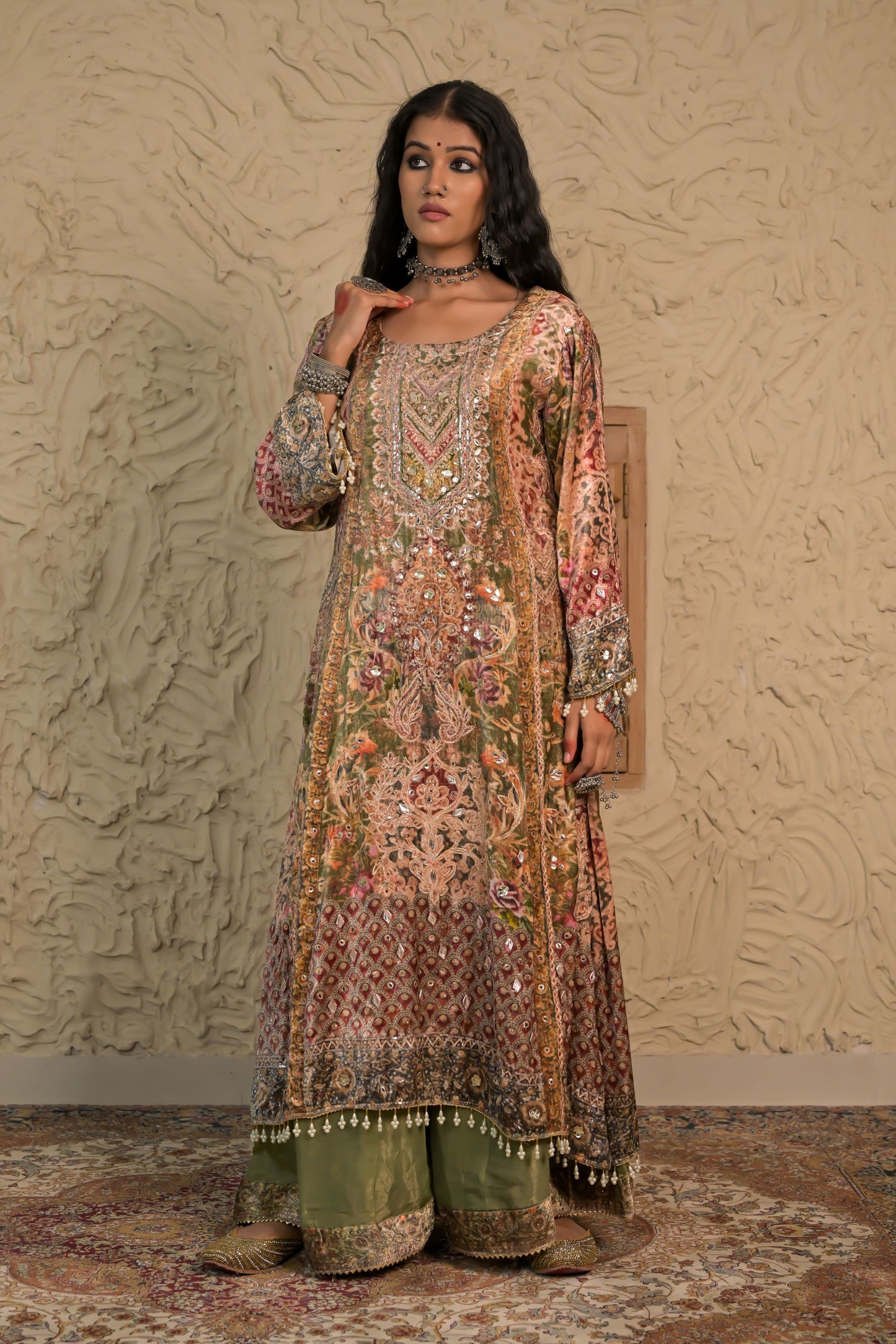 Champagne Olive Green Printed Velvet Suit – Noor Timeless Grace