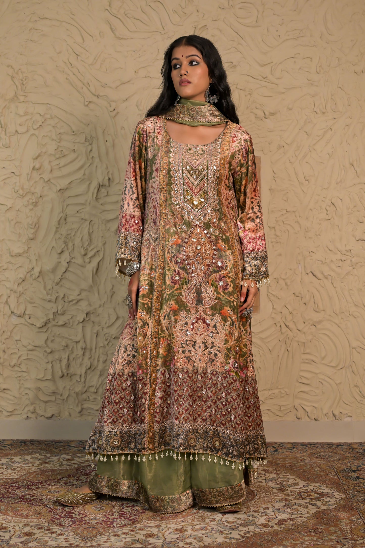 Champagne Olive Green Printed Velvet Suit – Noor Timeless Grace