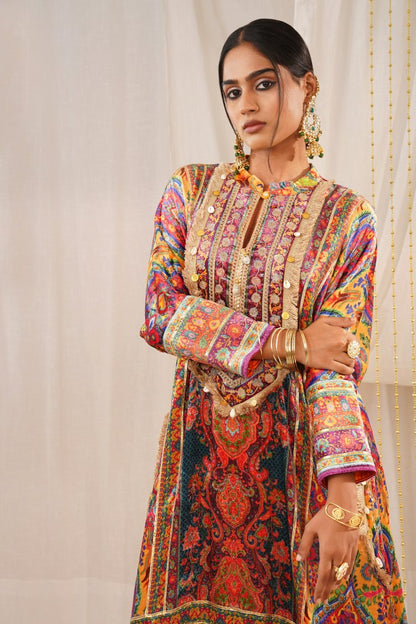 Riwayat - Dark Orange Multicolor Printed Velvet Suit Set with Potli and Dupatta