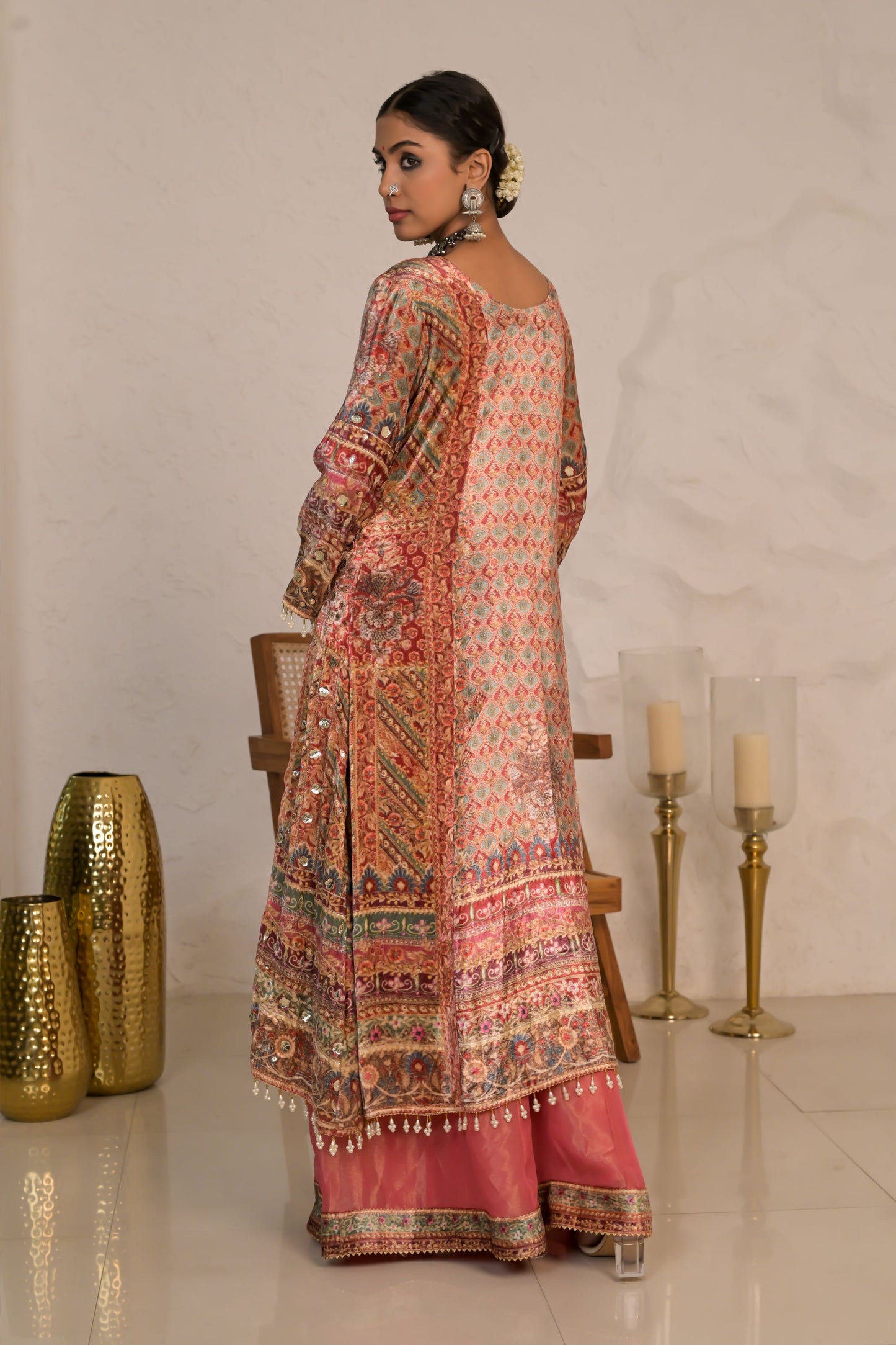 Crimson Pastel Red Printed Velvet Suit with Heritage Patterns – Noor Winter Luxe