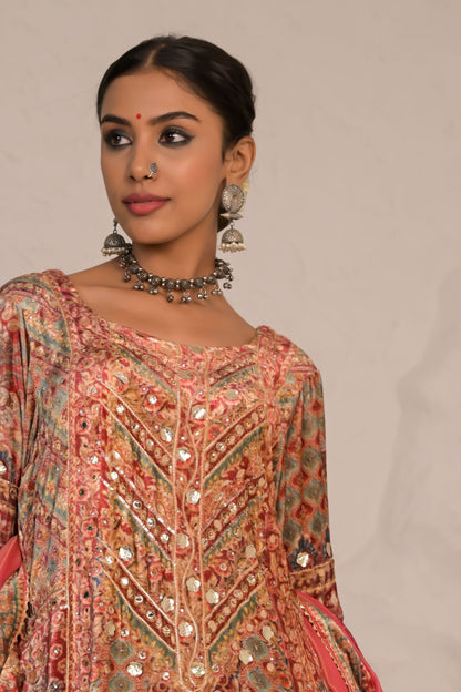 Crimson Pastel Red Printed Velvet Suit with Heritage Patterns – Noor Winter Luxe