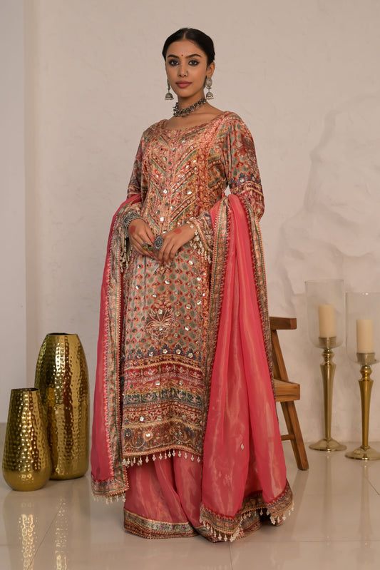 Crimson Pastel Red Printed Velvet Suit with Heritage Patterns – Noor Winter Luxe