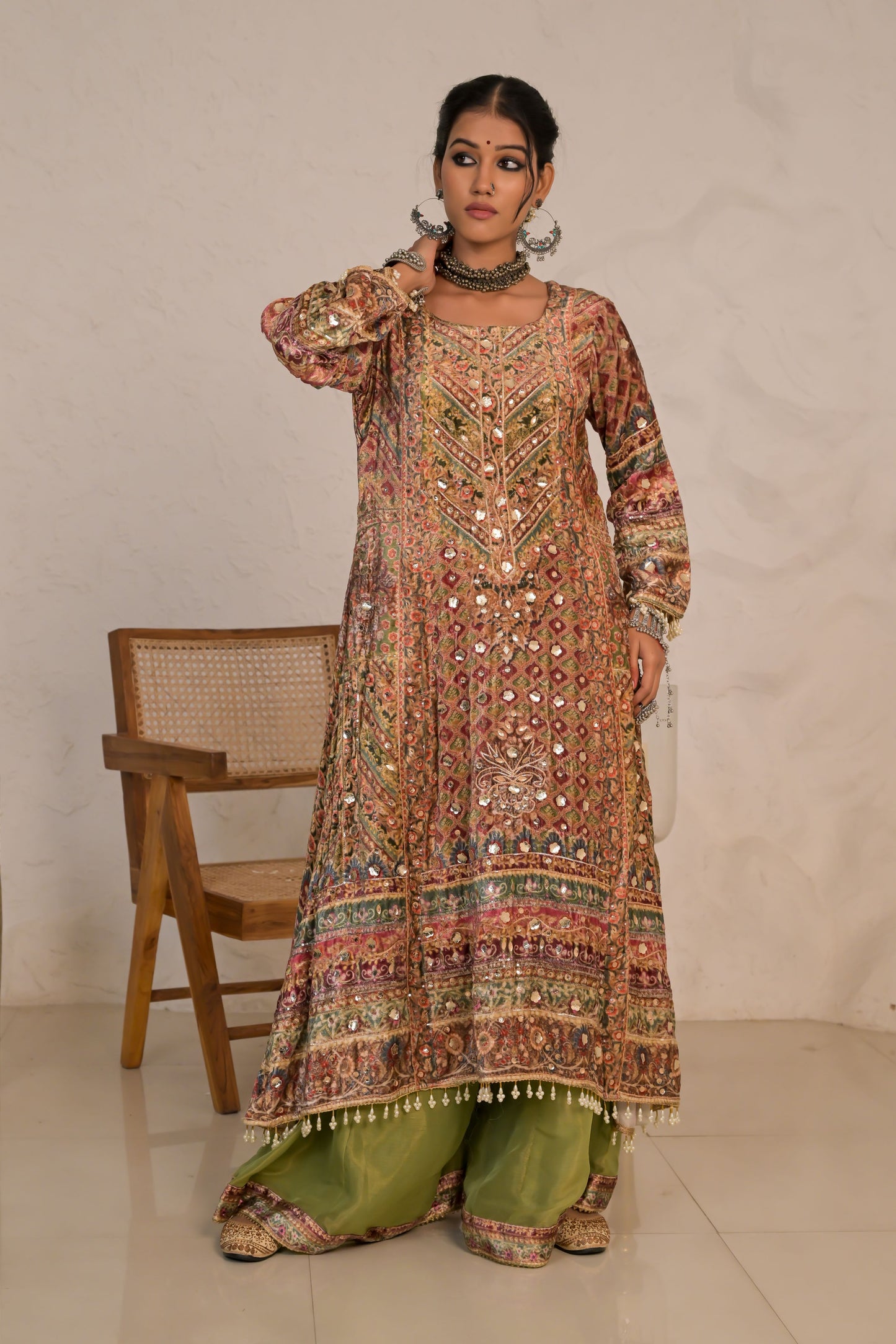 Crimson Wood Brown Printed Velvet Suit with Heritage Patterns – Noor Winter Luxe