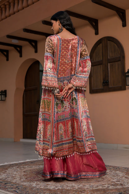 Dark Coral Printed Velvet Suit with Artistic Borders – Noor Radiance Edit