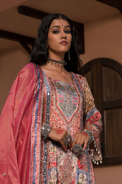 Dark Coral Printed Velvet Suit with Artistic Borders – Noor Radiance Edit