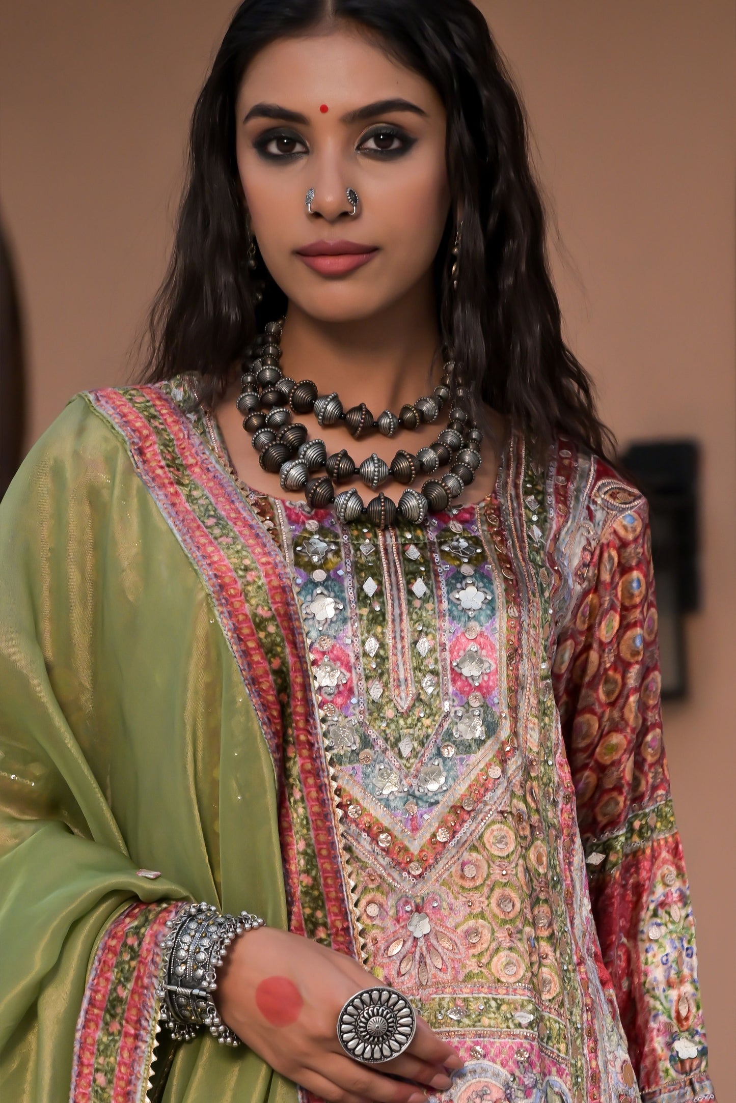 Olive Green Printed Velvet Suit – Noor Radiance Edit