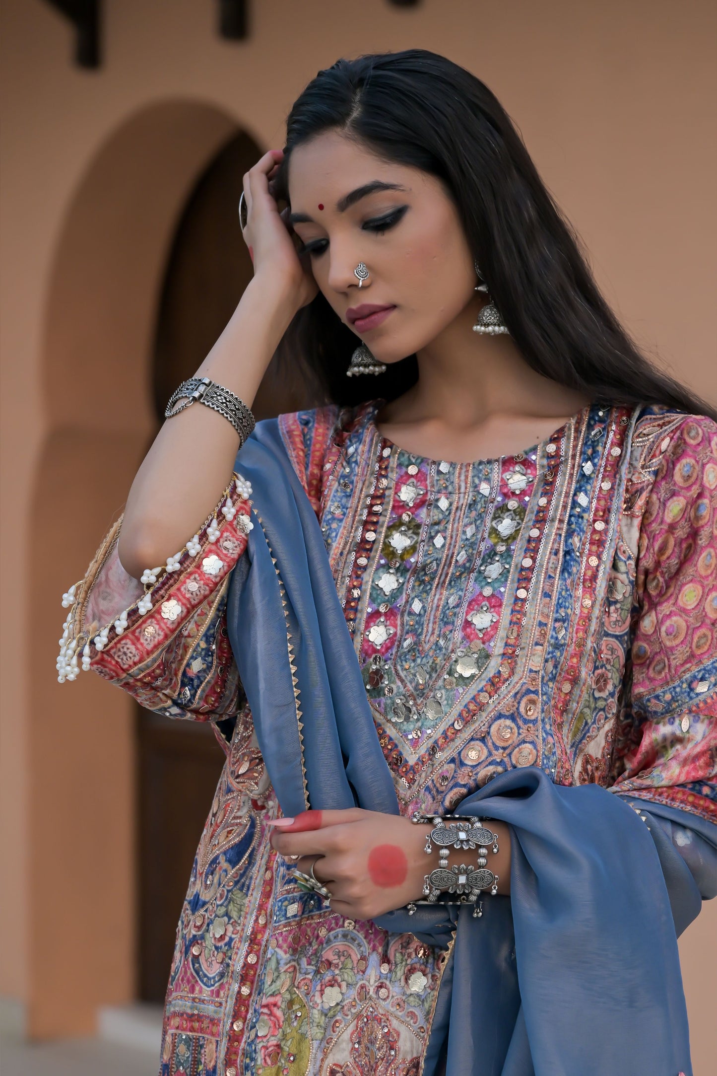 Dusk Blue Printed Velvet Suit with Artistic Borders – Noor Radiance Edit