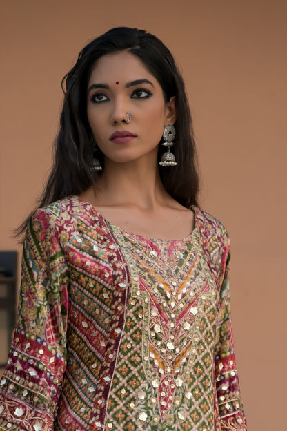 Emerald Green Printed Velvet Ensemble with Gold Motifs – Noor Festive Glam