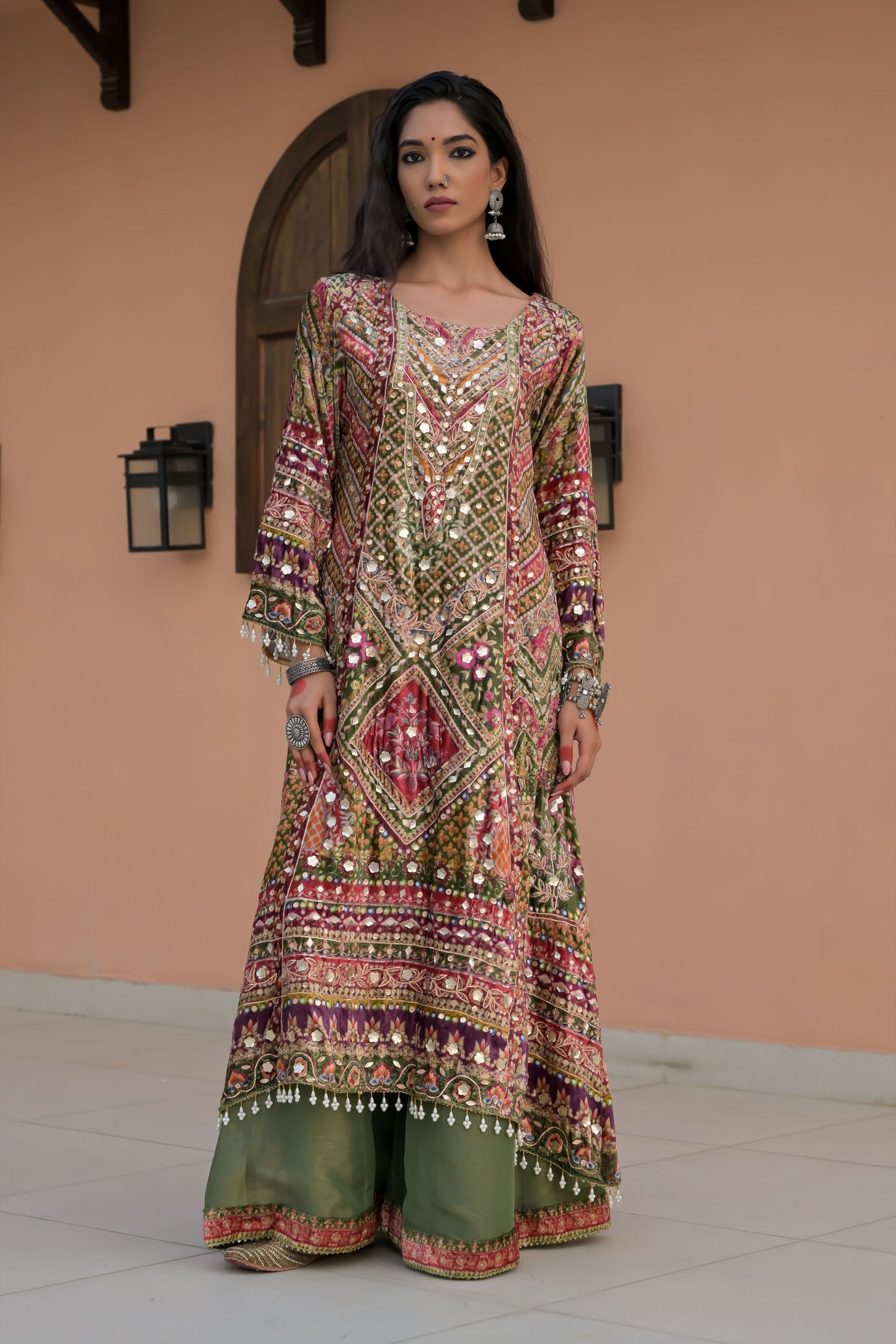 Emerald Green Printed Velvet Ensemble with Gold Motifs – Noor Festive Glam