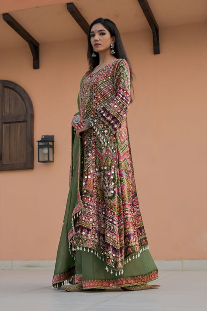 Emerald Green Printed Velvet Ensemble with Gold Motifs – Noor Festive Glam