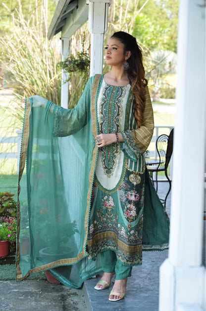 Persian, Pine Green Cotton Muslin Suit - Summer Collection #ISH-018-02