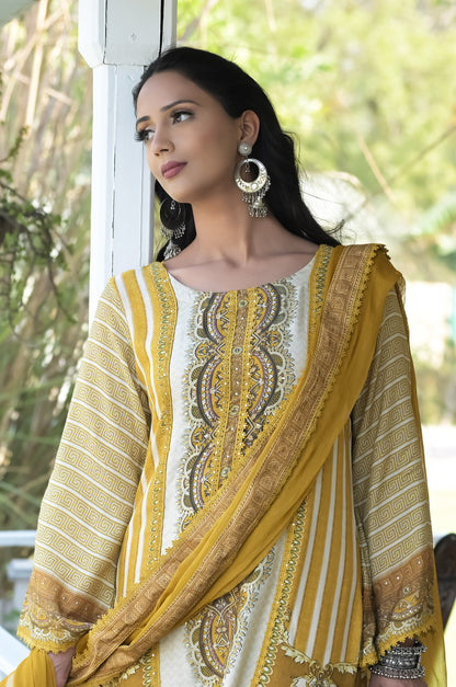 Persian, Mustard Cotton Muslin Suit - Summer Collection #ISH-018-03