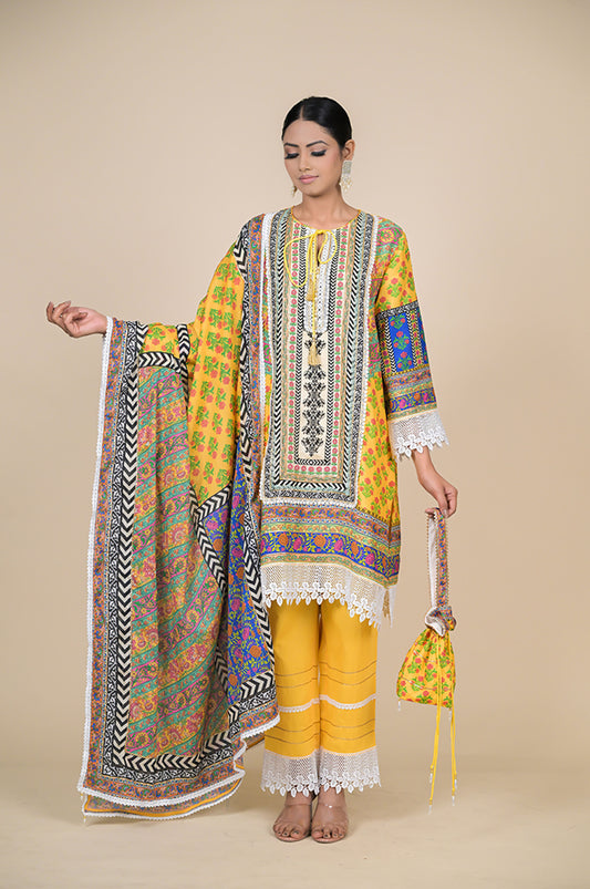 Corn Yellow Chevron Printed Suit Set, Cotton Muslin - Summer Collection #ISH-30-01