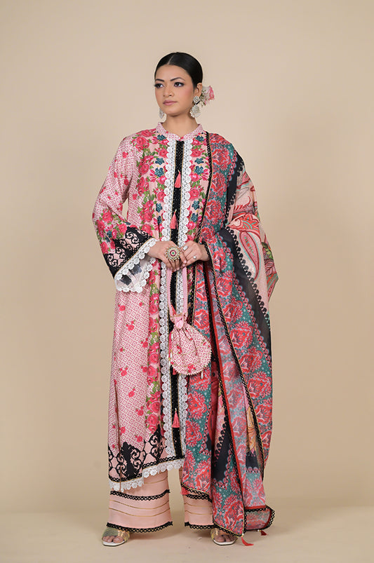 Amazing Coral Pink Floral Suit - A Timeless Classic Cotton Muslin - #ISH-36-01