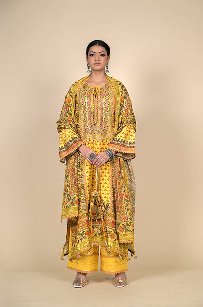 Vibrant Yellow Floral Suit Set - A Timeless Classic Cotton Muslin - #ISH-38-01